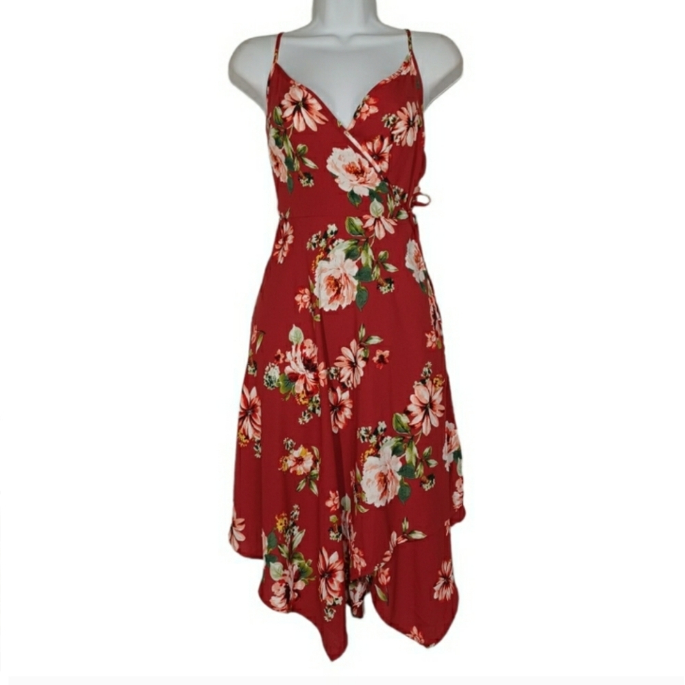 XHILARATION Burgundy Red Wine White Floral Print Sleeveless Wrap Dress Small NWT